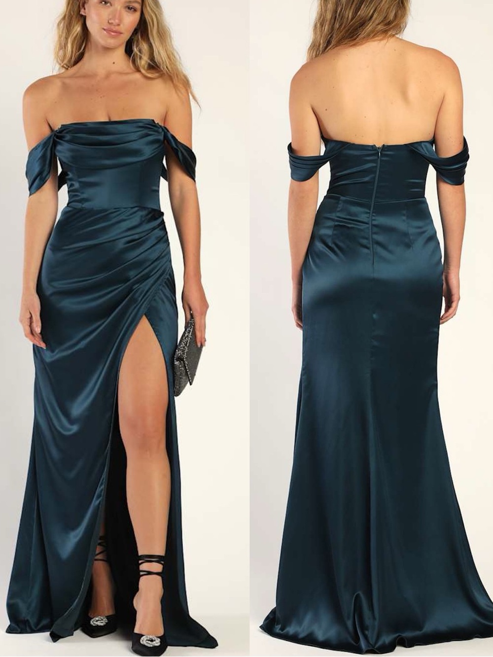 Lulus | Stunning Arrival Dark Teal Satin Off-The-Shoulder Maxi Dress